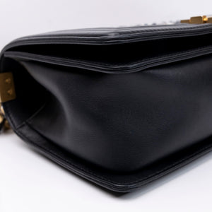 CHANEL MEDIUM LE BOY BRAIDED CHAIN BAG BLACK CALFSKIN LEATHER GHW