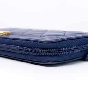 CHANEL SMALL BOY ZIP AROUND CONTINENTAL WALLET BLUE QUILTED CALFSKIN GHW