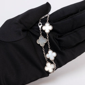 VAN CLEEF & ARPELS VINTAGE ALHAMBRA BRACELET , 5 MOTIF , 18K WHITE GOLD , MOTHER OF PEARL