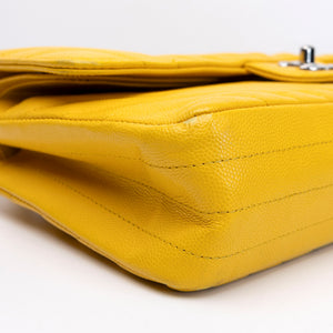 CHANEL MEDIUM CLASSIC CHEVRON DOUBLE FLAP BAG YELLOW CAVIAR SHW