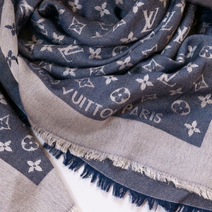 LOUIS VUITTON SILK WOOL MONOGRAM DENIM SHAWL PEARL GREY