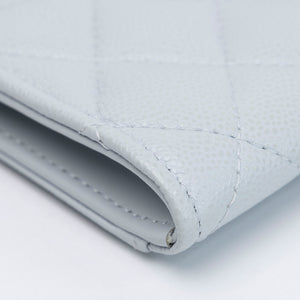 CHANEL CLASSIC ZIPPED CARD HLDER QUILTED GRAINED CALFSKIN LIGHT BLUE GHW
