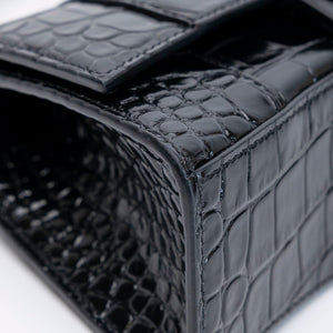 BALENCIAGA HOURGLASS BAG XS CROC-EMBOSSED CALFSKIN SO BLACK