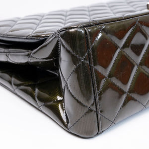 CHANEL MAXI CLASSIC DOUBLE FLAP BAG OLIVE GREEN QUILTED PATENT LEATHER SHW