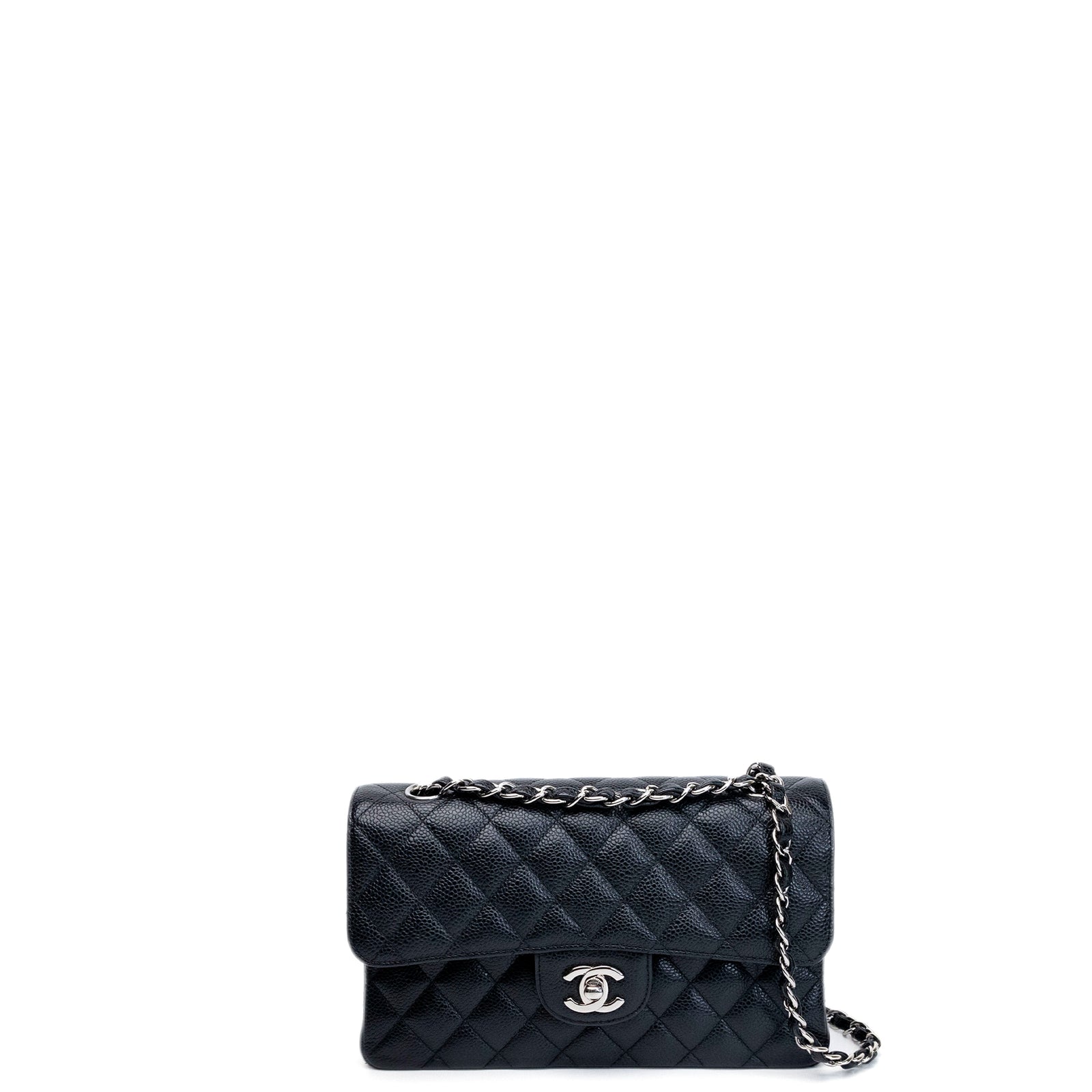 CHANEL SMALL CLASSIC DOUBLE FLAP BAG BLACK CAVIAR LEATHER SHW